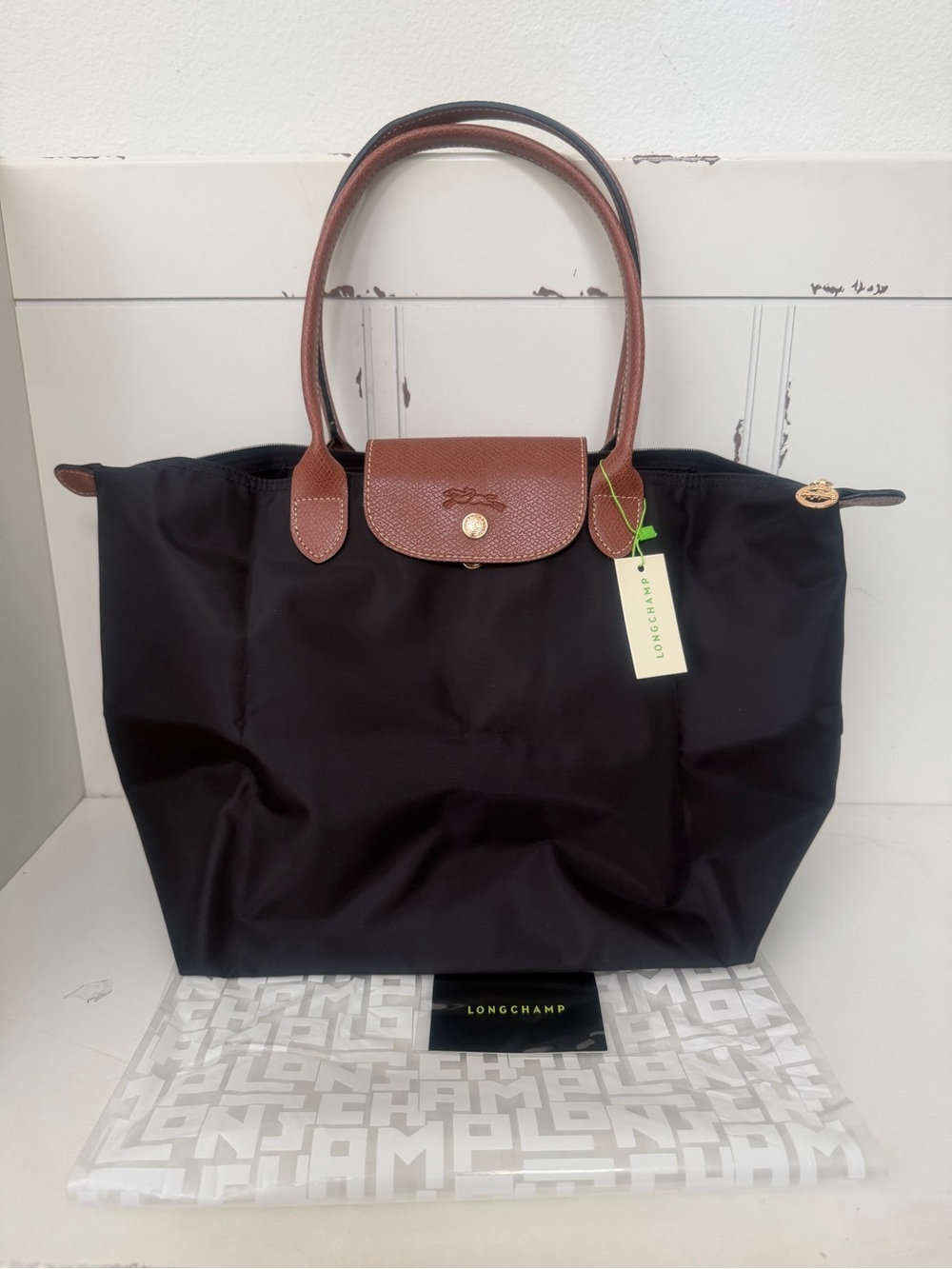 Longchamp | Le Pliage Classic Black Tote with Brown Trim